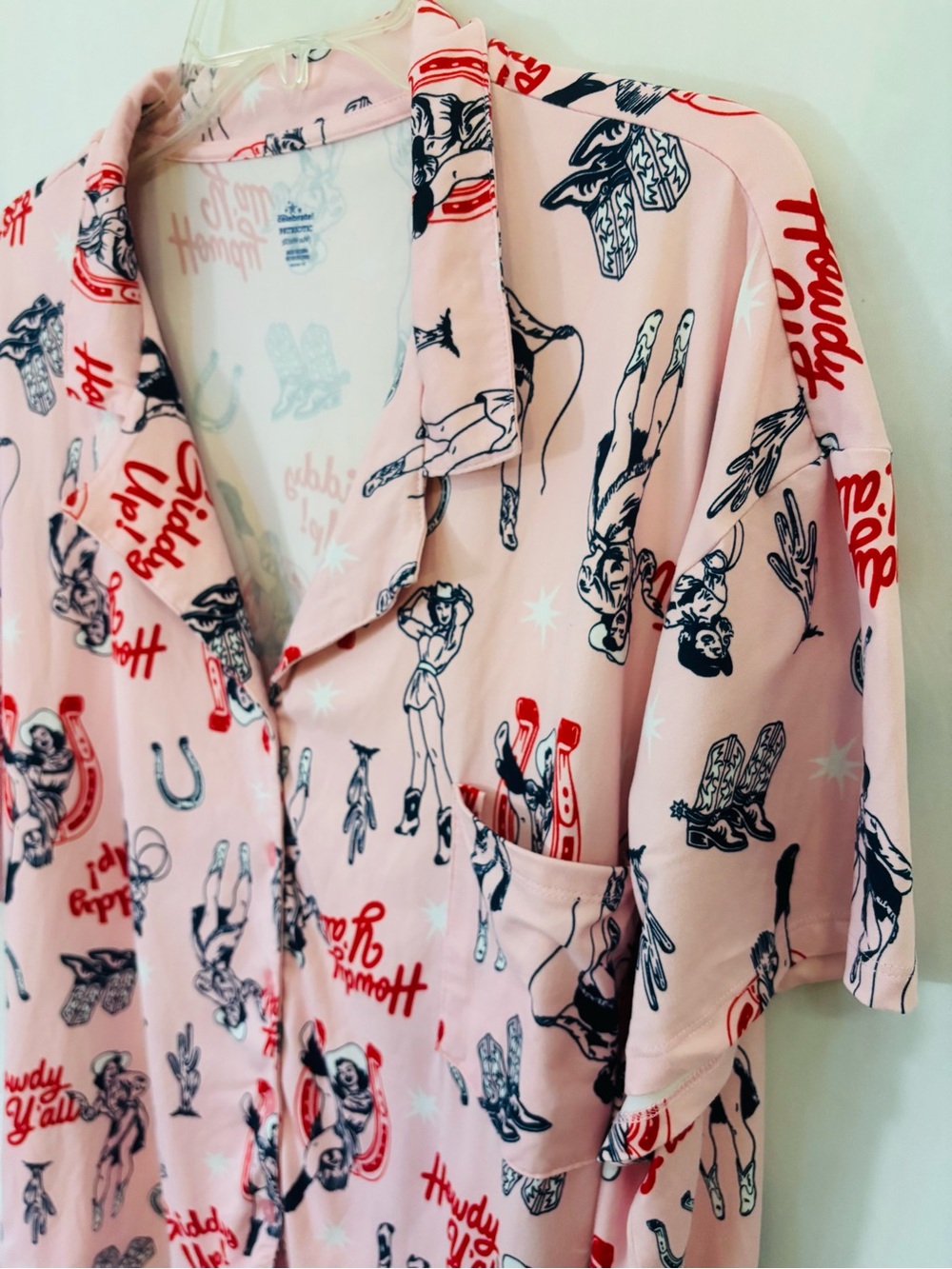 Cowgirl Pinup Pajama Shirt Western Rodeo Pink Plus 3X Howdy Y’all